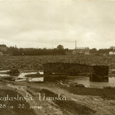 Skats pāri Mēmeles līkumam no tā saucamā “malkas plača” pie Sudmalu (tagad – Rīgas)  ielas 62. Priekšplānā sakrautas malkas grēdas, aiz tām tālumā redzamas Augšdzirnavas ar garu skursteni. Pa labi – Plosta kroga apbūve, pa kreisi – Sudmalu ielas ēkas.